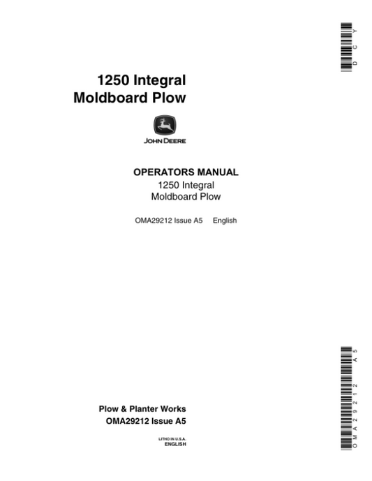 John Deere 1250 Moldboard Plow Operator’s Manual (OMA29212) Workshop Guide