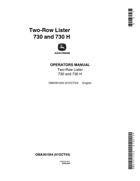 John Deere 730, 730H Lister Planters Operator’s Manual (OMA301054) Workshop Guide