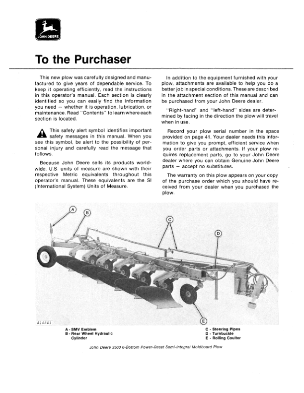 John Deere 2500 Power-Reset Semi-Integral Moldboard Plow Operator’s Manual (OMA32896) Workshop Guide