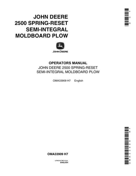 John Deere 2500 Moldboard Plow Operator’s Manual (OMA33909) Workshop Guide