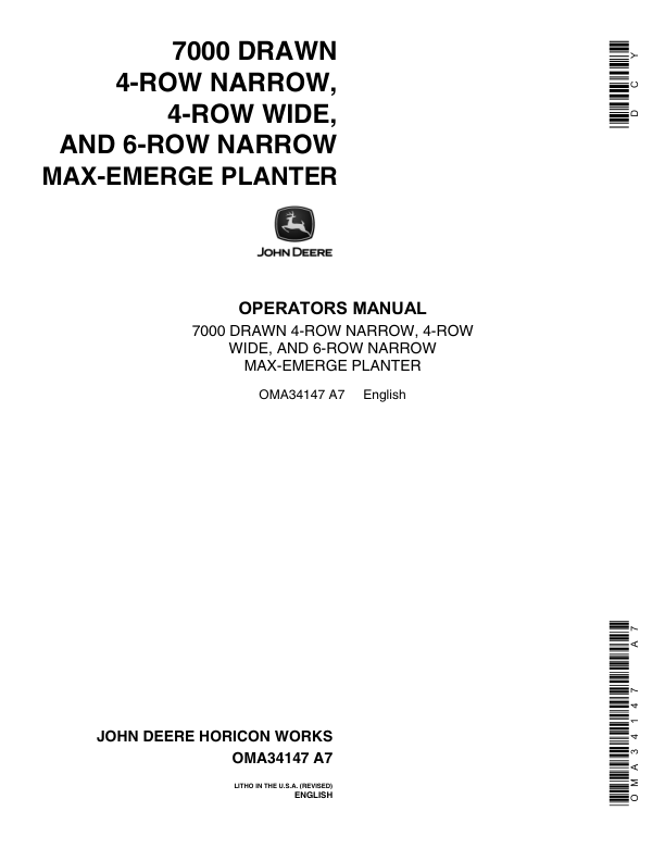 John Deere 7000 Drawn (Cotton & Corn) Planters 4RN, 4RW, 6RN Operator’s Manual (OMA34147) Workshop Guide
