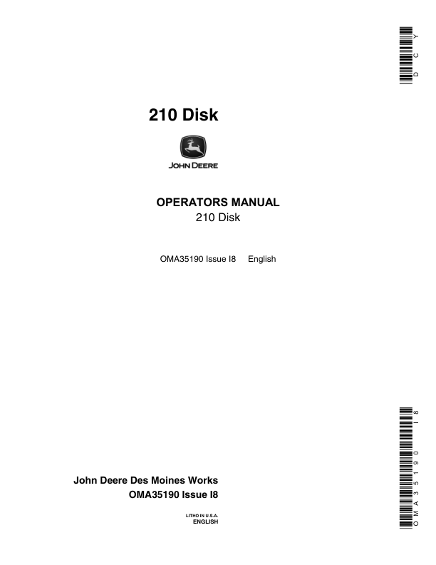 John Deere 210 Disk Operator’s Manual (OMA35190) Workshop Guide