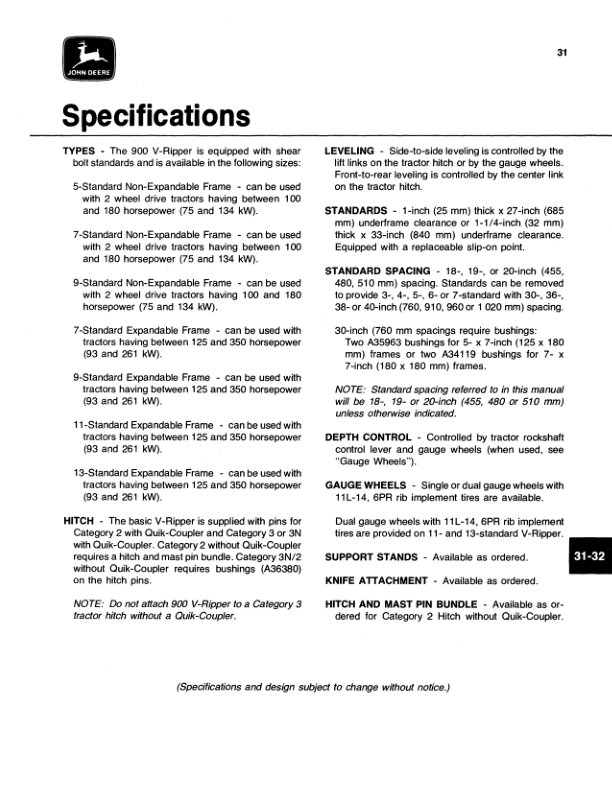 John Deere 900 V-Ripper Operator’s Manual (OMA36778) Workshop Guide