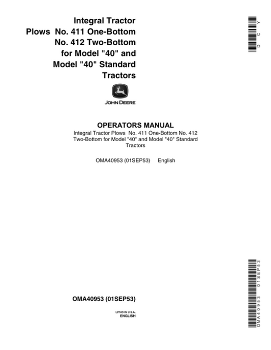 John Deere 412 Integral Moldboard Plow Operator’s Manual (OMA40953) Workshop Guide
