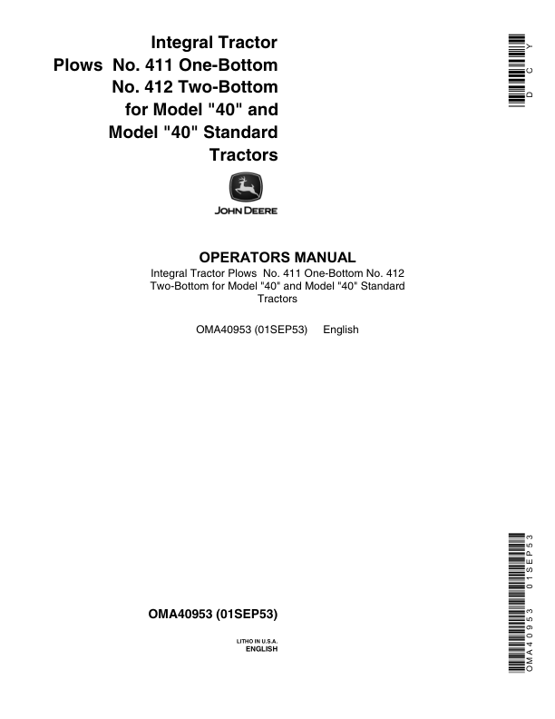 John Deere 412 Integral Moldboard Plow Operator’s Manual (OMA40953) Workshop Guide