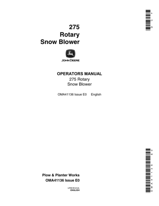 John Deere 275 Rotary Snow Blower Operator’s Manual (OMA41136) Workshop Guide