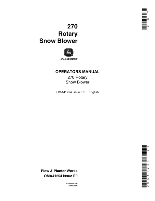 John Deere 270 Rotary Snow Blower Operator’s Manual (OMA41254) Workshop Guide
