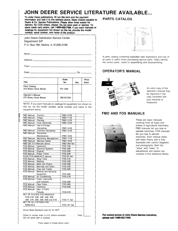 John Deere 270 Rotary Snow Blower Operator’s Manual (OMA41254) Workshop Guide
