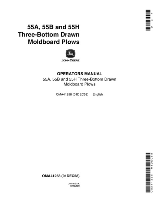 John Deere 55A, 55B, 55H Moldboard Plows Operator’s Manual (OMA41258) Workshop Guide