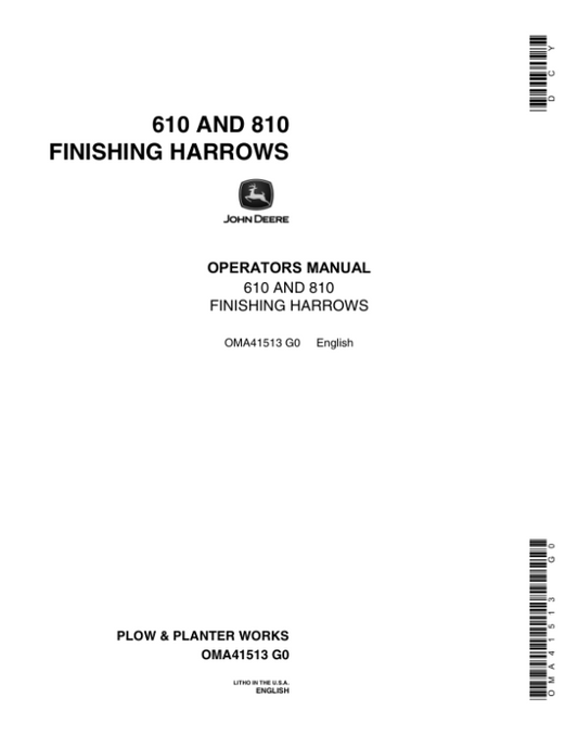 John Deere 610, 810 Finishing Harrow Operator’s Manual (OMA41513) Workshop Guide