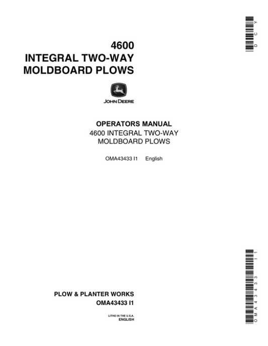 John Deere 4600 Integral Two-Way Moldboard Plows Operator’s Manual (OMA43433) Workshop Guide