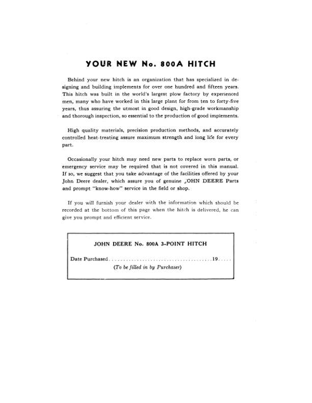 John Deere No. 800A Three-Point Hitch Operator’s Manual (OMA48555) Workshop Guide