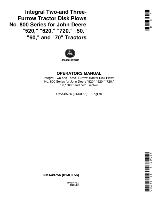 John Deere Integral 2- & 3-Furrow Tractor Disk Plows, 800 Series Operator’s Manual (OMA49756) Workshop Guide