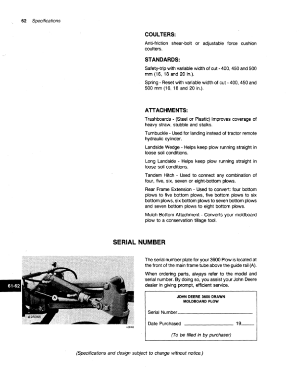 John Deere 3600 Drawn Moldboard Plow Operator’s Manual (OMA49766) Workshop Guide