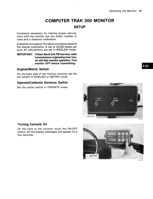 John Deere Computer Trak 100, 200, 300 Planter Monitors (Export) Operator’s Manual (OMA49879) Workshop Guide