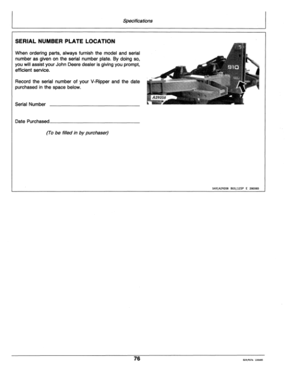 John Deere 910 V-Ripper Operator’s Manual (OMA50545) Workshop Guide
