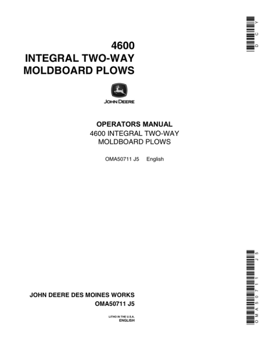 John Deere 4600 Integral Two-Way Moldboard Plows Operator’s Manual (OMA50711) Workshop Guide