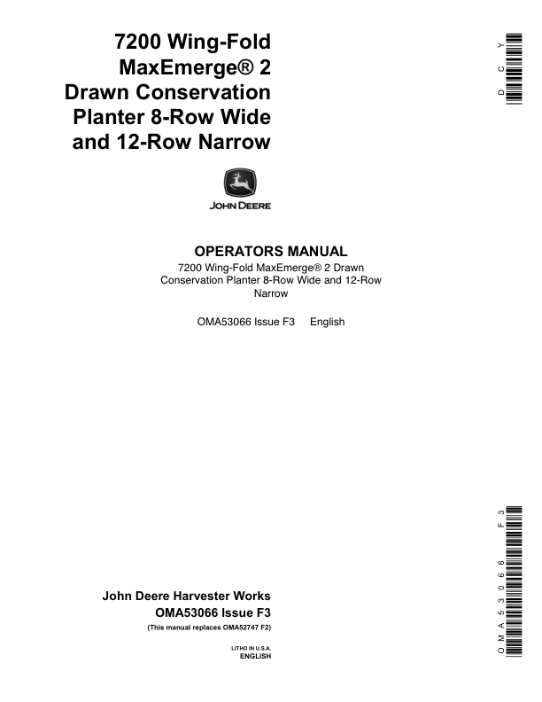 John Deere 7200 Drawn (Wing-Fold) Planters 8RW & 12RN Operator’s Manual (OMA53066) Workshop Guide