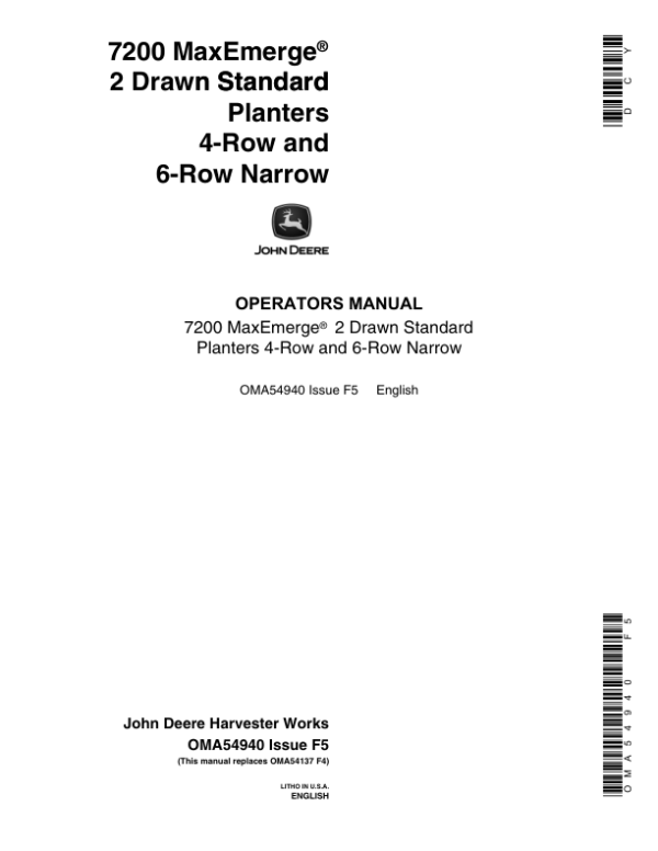 John Deere 7200 Drawn (Standard) Planters 4R & 6RN Operator’s Manual (OMA54940) Workshop Guide