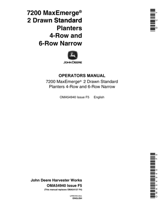 John Deere 7200 Drawn (Standard) Planters 4R & 6RN Operator’s Manual (OMA54940) Workshop Guide