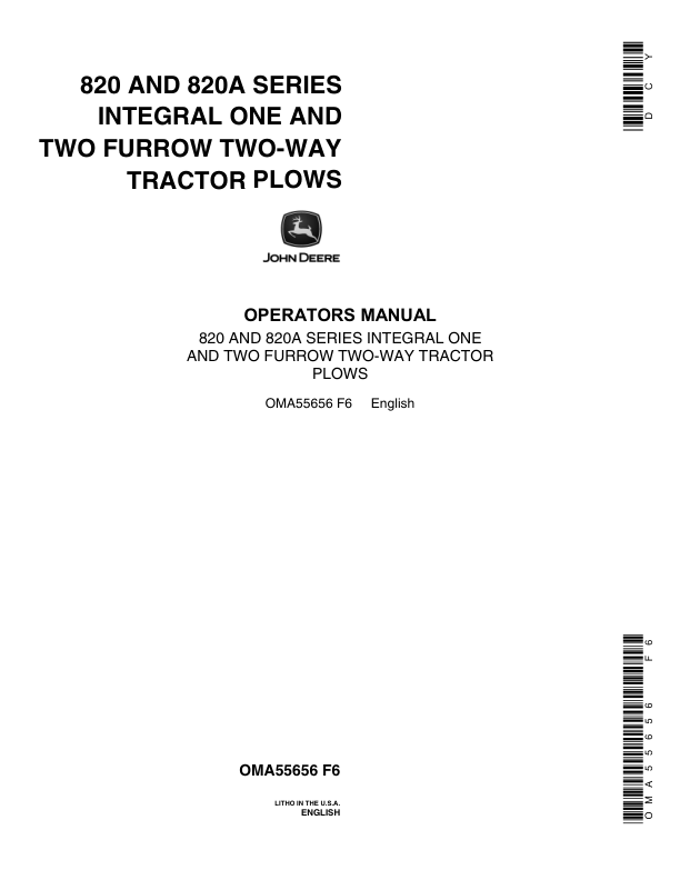 John Deere 820, 820A Series Integral Two-Way Tractor Plows Operator’s Manual (OMA55656) Workshop Guide