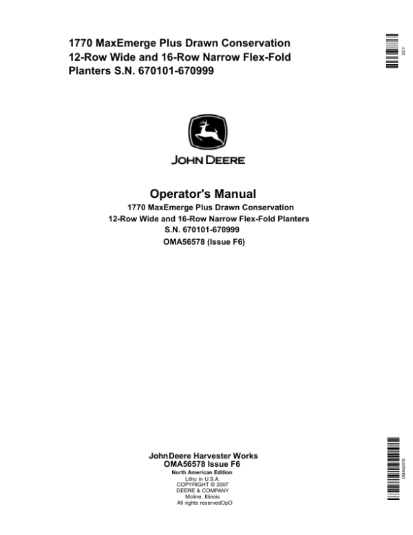John Deere 1770 Drawn Planters (670101 – 670999) Operator’s Manual (OMA56578) Workshop Guide