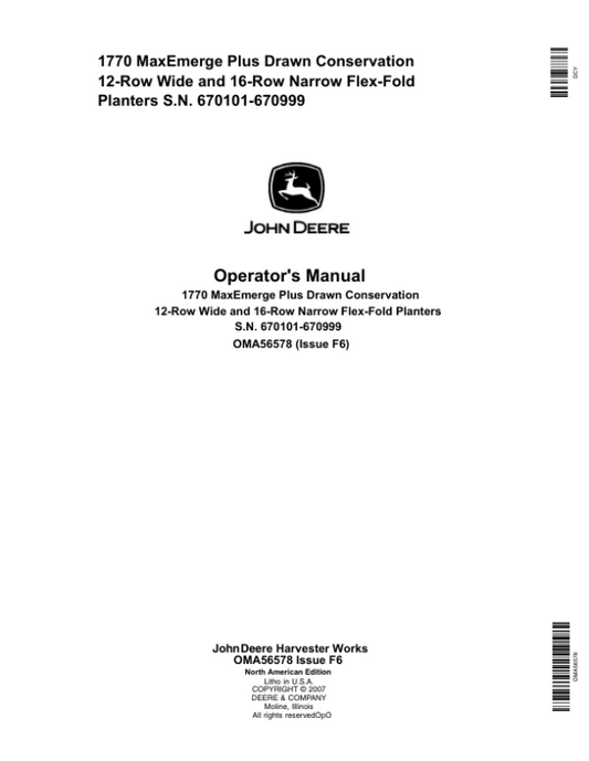 John Deere 1770 Drawn Planters (670101 – 670999) Operator’s Manual (OMA56578) Workshop Guide
