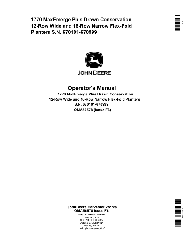 John Deere 1770 Drawn Planters (670101 – 670999) Operator’s Manual (OMA56578) Workshop Guide
