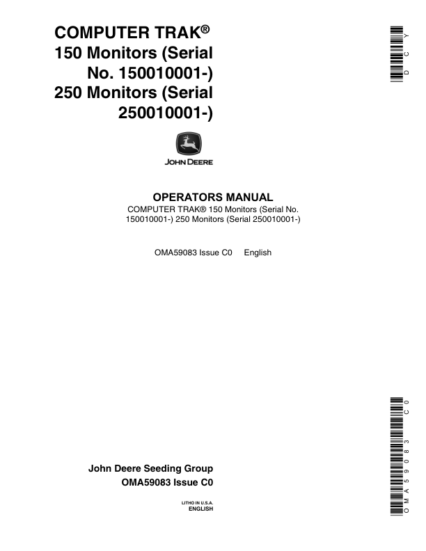 John Deere Computer Trak 250 Seed Monitors Operator’s Manual (OMA59083) Workshop Guide