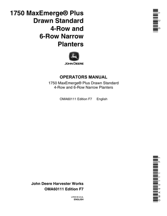 John Deere 1750 Drawn Planters 4RN – 4RW – 6RN (675101-675999) Operator’s Manual (OMA60111) Workshop Guide