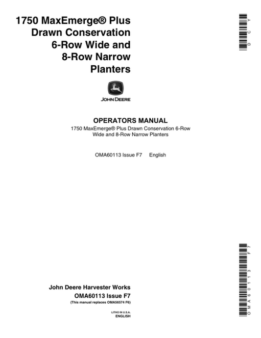 John Deere 1750 Drawn Planter (675101-675999) Verify Row Spacing = (6RW – 8RN) Operator’s Manual (OMA60113) Workshop Guide