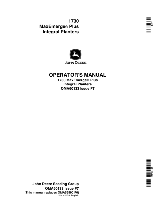 John Deere 1730 Integral Planter (675101-675999) Operator’s Manual (OMA60133) Workshop Guide