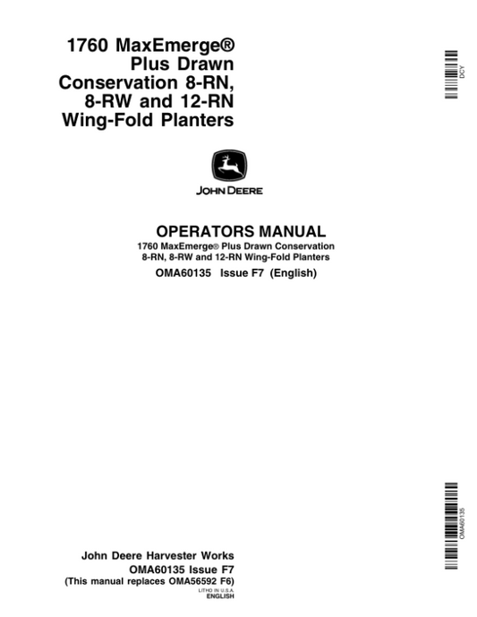 John Deere 1760 Drawn Planter (675101-685999) Operator’s Manual (OMA60135) Workshop Guide