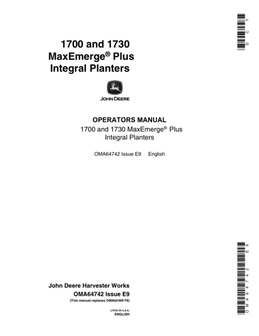 John Deere 1700, 1730 Integral Planters (685101-690999) Operator’s Manual (OMA64742) Workshop Guide