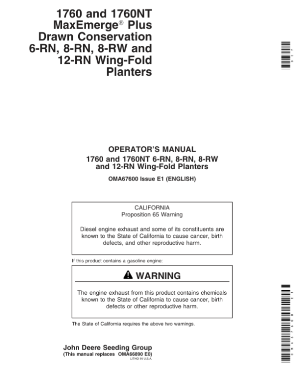 John Deere 1760 & 1760NT Planters (North American) (690101-695100) Operator’s Manual (OMA67600) Workshop Guide
