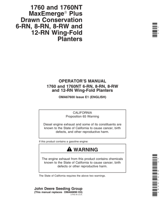John Deere 1760 & 1760NT Planters (North American) (690101-695100) Operator’s Manual (OMA67600) Workshop Guide