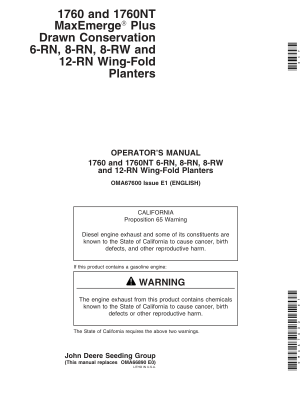 John Deere 1760 & 1760NT Planters (North American) (690101-695100) Operator’s Manual (OMA67600) Workshop Guide