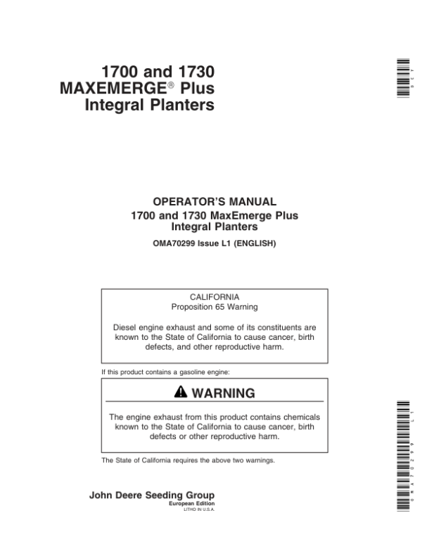 John Deere 1700, 1730 Integral Planters (695101-700999) Operator’s Manual (OMA70299) Workshop Guide