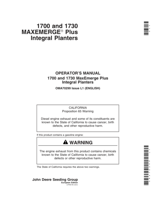 John Deere 1700, 1730 Integral Planters (695101-700999) Operator’s Manual (OMA70299) Workshop Guide