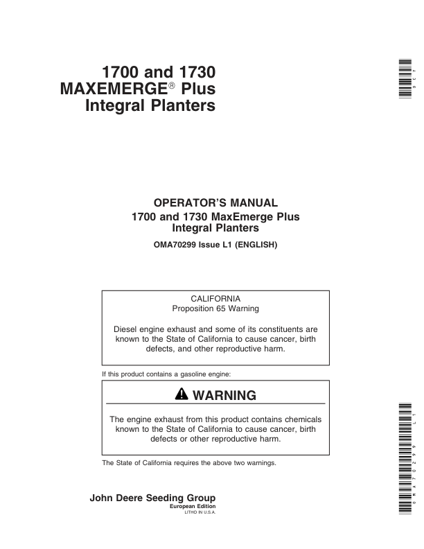 John Deere 1700, 1730 Integral Planters (695101-700999) Operator’s Manual (OMA70299) Workshop Guide