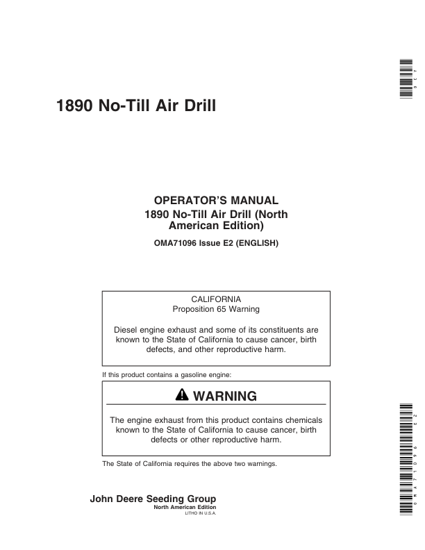 John Deere 1890 No-Till Air Drill North America (700101-705100) Operator’s Manual (OMA71096) Workshop Guide