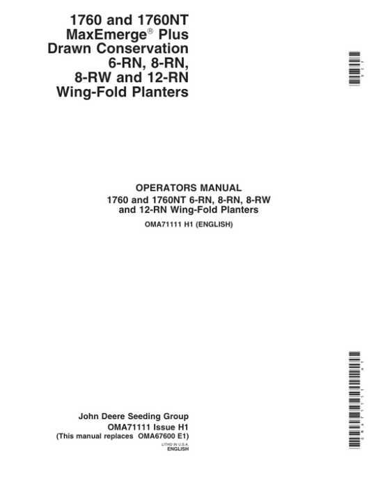 John Deere 1760 & 1760NT Drawn Planter (695101-695999) Operator’s Manual (OMA71111) Workshop Guide