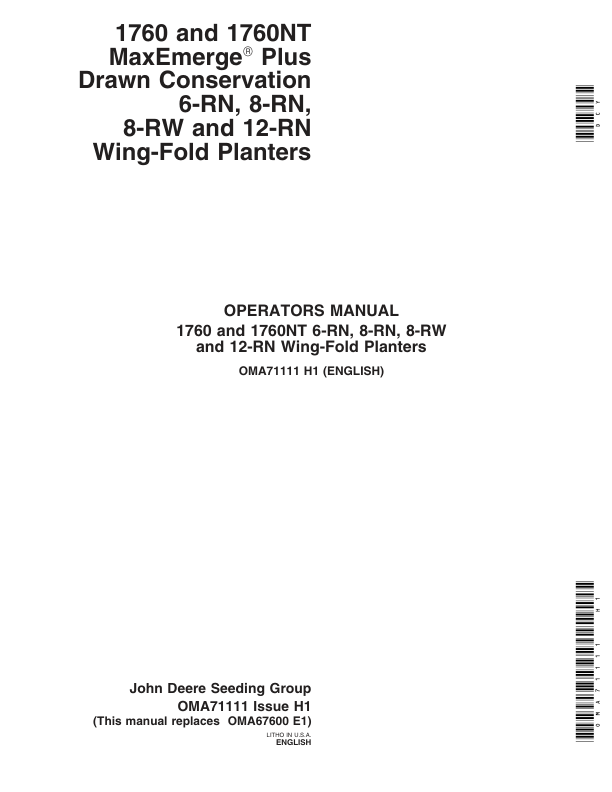 John Deere 1760 & 1760NT Drawn Planter (695101-695999) Operator’s Manual (OMA71111) Workshop Guide