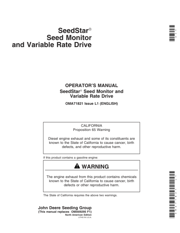John Deere Seedstar Seed Monitor & Variable Rate Drive – (SN: -715999) Operator’s Manual (OMA71821) Workshop Guide