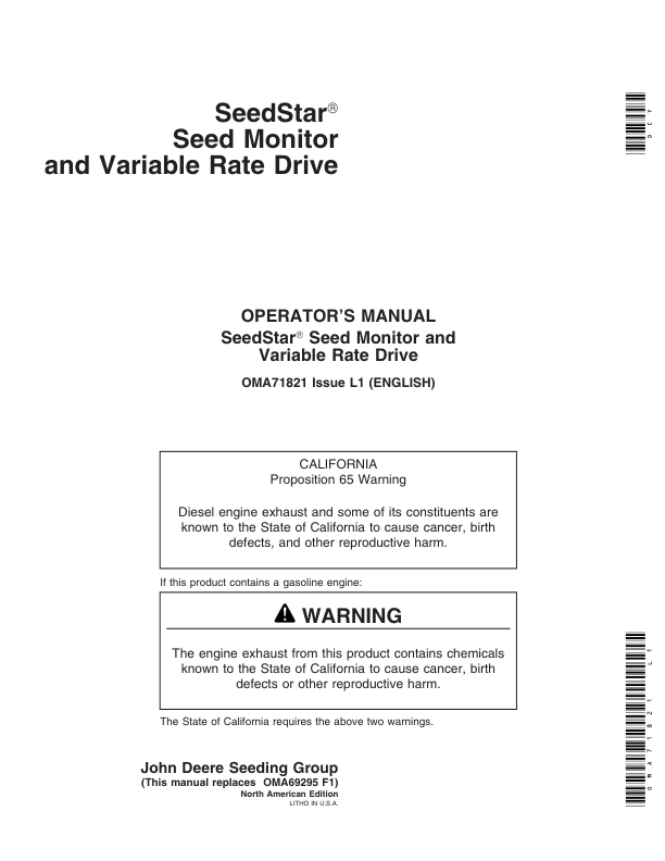 John Deere Seedstar Seed Monitor & Variable Rate Drive – (SN: -715999) Operator’s Manual (OMA71821) Workshop Guide