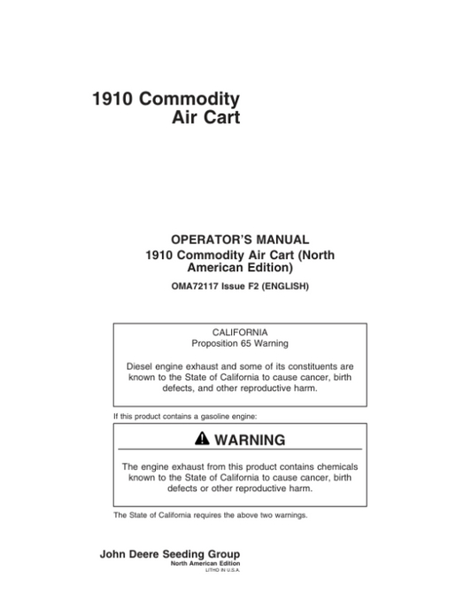 John Deere 1910 Commodity Air Cart (Ground Driven) North America (695101-695999) Operator’s Manual (OMA72117) Workshop Guide