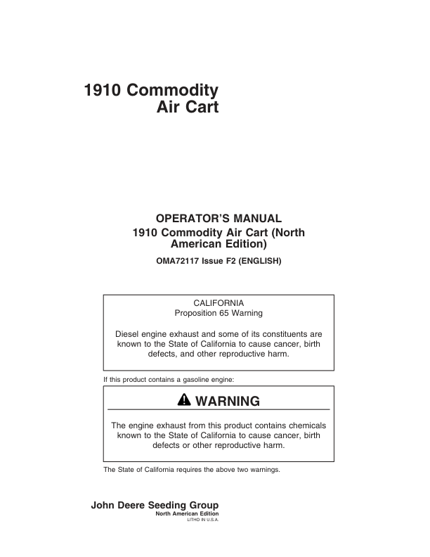 John Deere 1910 Commodity Air Cart (Ground Driven) North America (695101-695999) Operator’s Manual (OMA72117) Workshop Guide