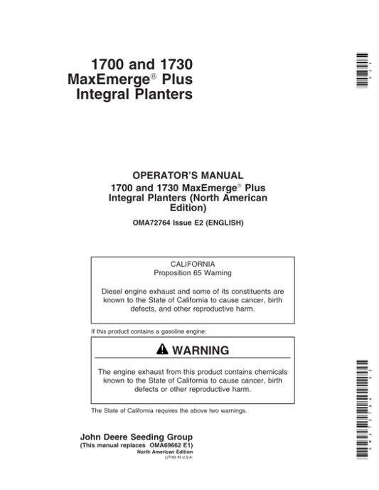 John Deere 1700, 1730 Integral Planters (700101-700999) Operator’s Manual (OMA72764) Workshop Guide