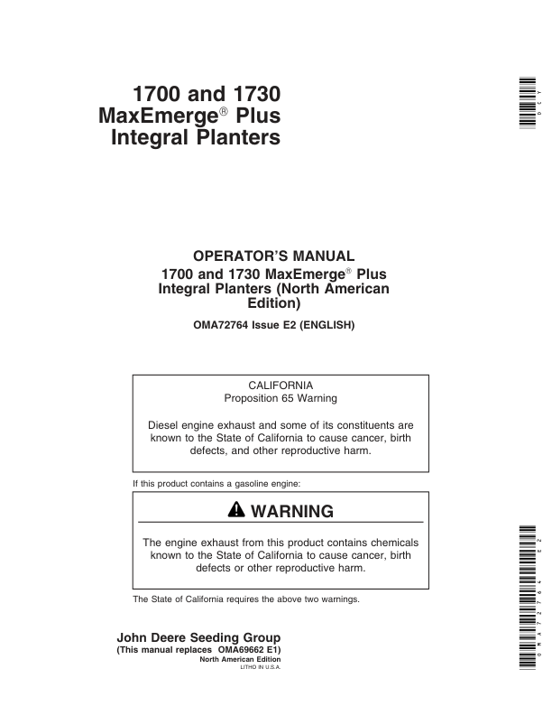 John Deere 1700, 1730 Integral Planters (700101-700999) Operator’s Manual (OMA72764) Workshop Guide
