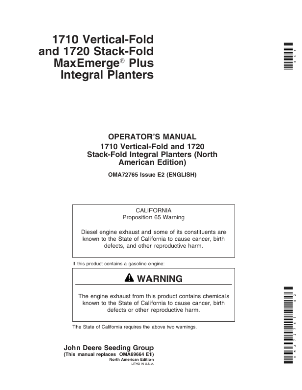 John Deere 1710 & 1720 Integral Planter Operator’s Manual (OMA72765) Workshop Guide